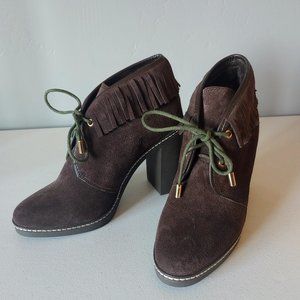 Tory Burch Dark Brown Suede Fringe Lace-Up Ankle Booties